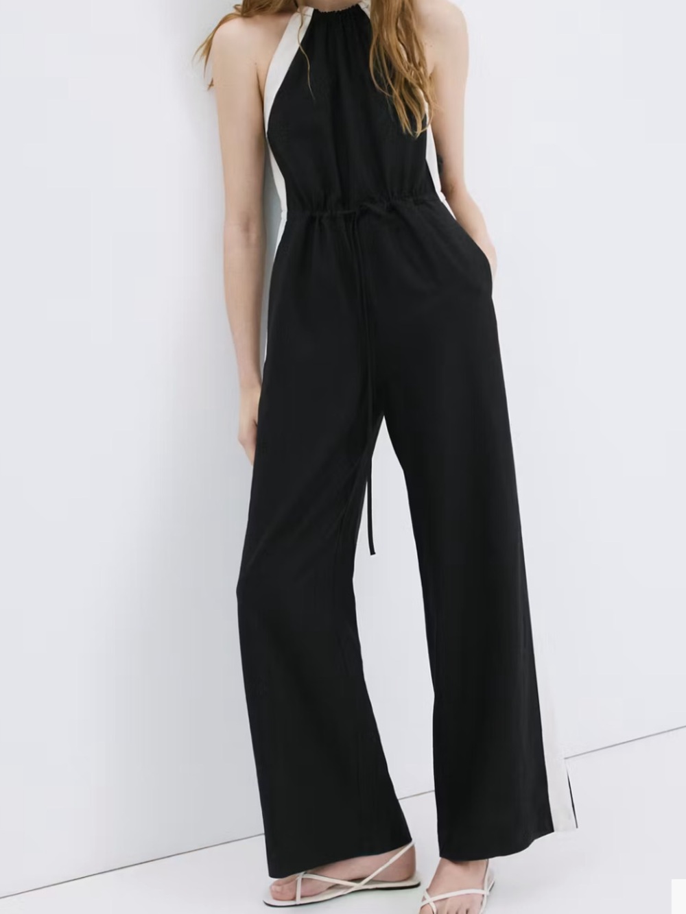 Mango Black and White LINEN HALTER-NECK JUMPSUIT WITH CONTRAST STRIPE 7157